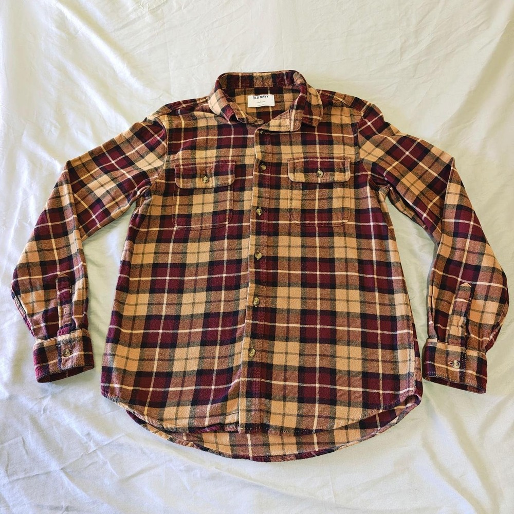 Old Navy Mens Double-Brushed Cotton Flannel Shirt Maroon Plaid Size S Small